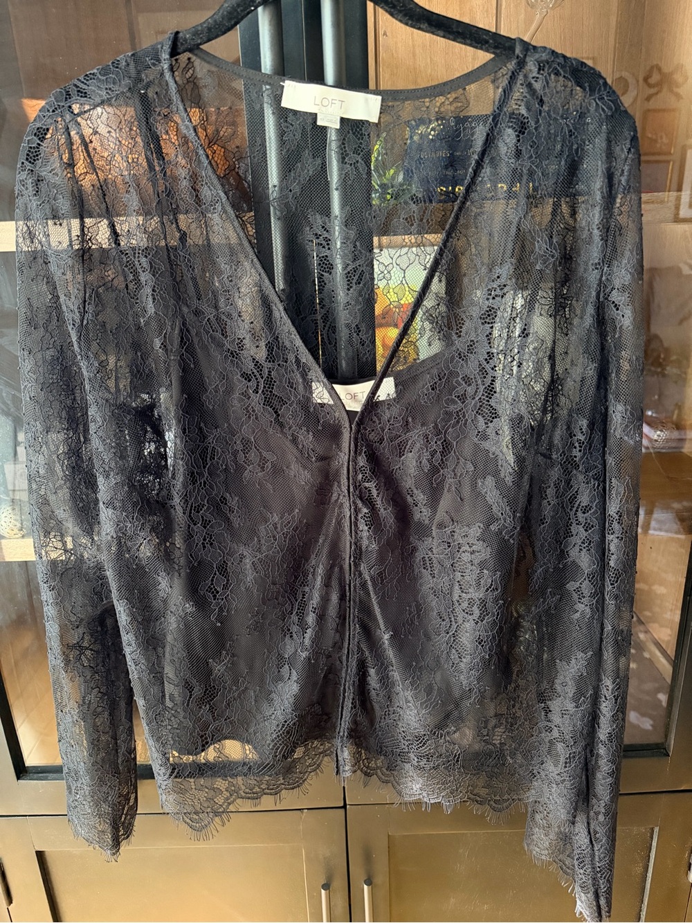 LOFT Black Floral Lace Long-Sleeve Sheer Blouse